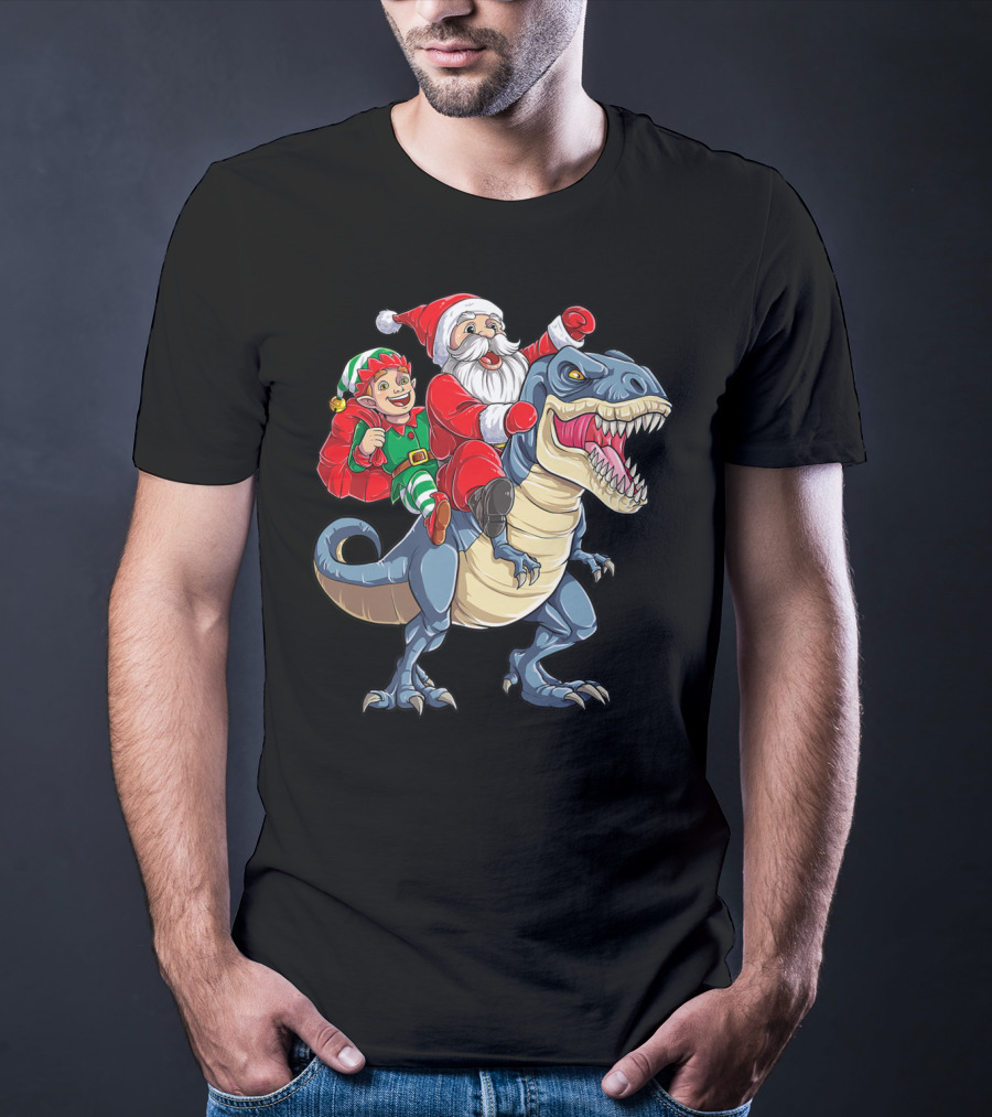 Dinosaur Christmas Boys Santa Elf Riding T-Rex Kids YP T-Shirt