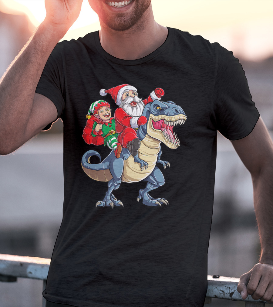 Dinosaur Christmas Boys Santa Elf Riding T-Rex Kids YP T-Shirt