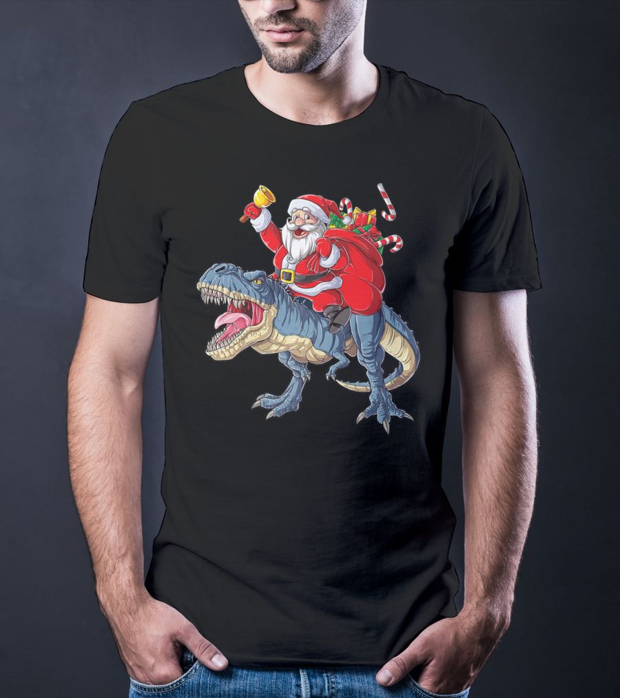 Santa Claus Riding Dinosaur With Bell And Holiday Gifts Christmas Boys Santa Rex Kids Xmas T3 T-Shirt