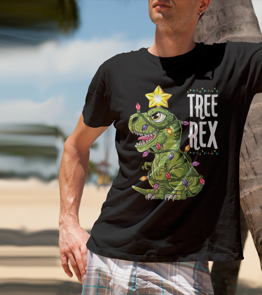 Tree Rex Dinosaur Christmas Lights And Star T-Shirt