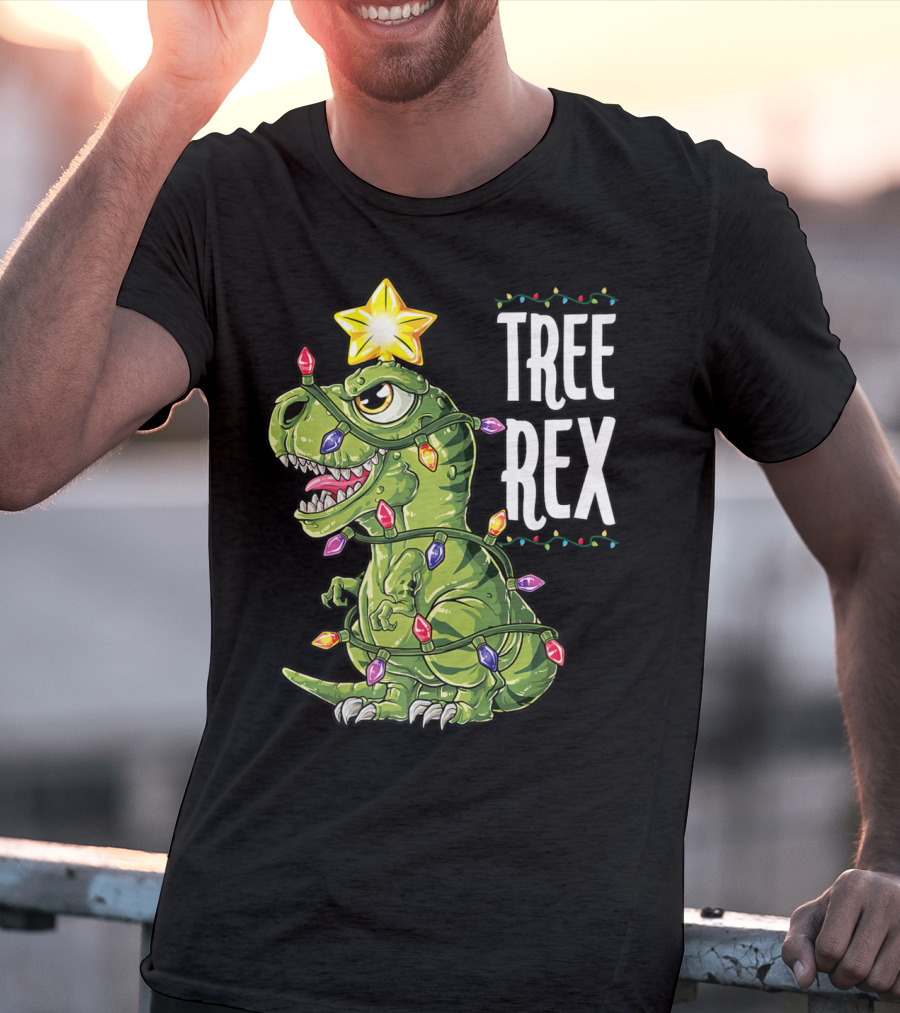 Tree Rex Dinosaur Christmas Lights And Star T-Shirt