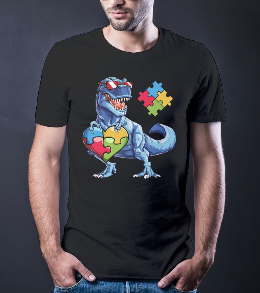 Dinosaur Holding Heart-Shaped Puzzle Pieces Autism Awareness T-Shirt