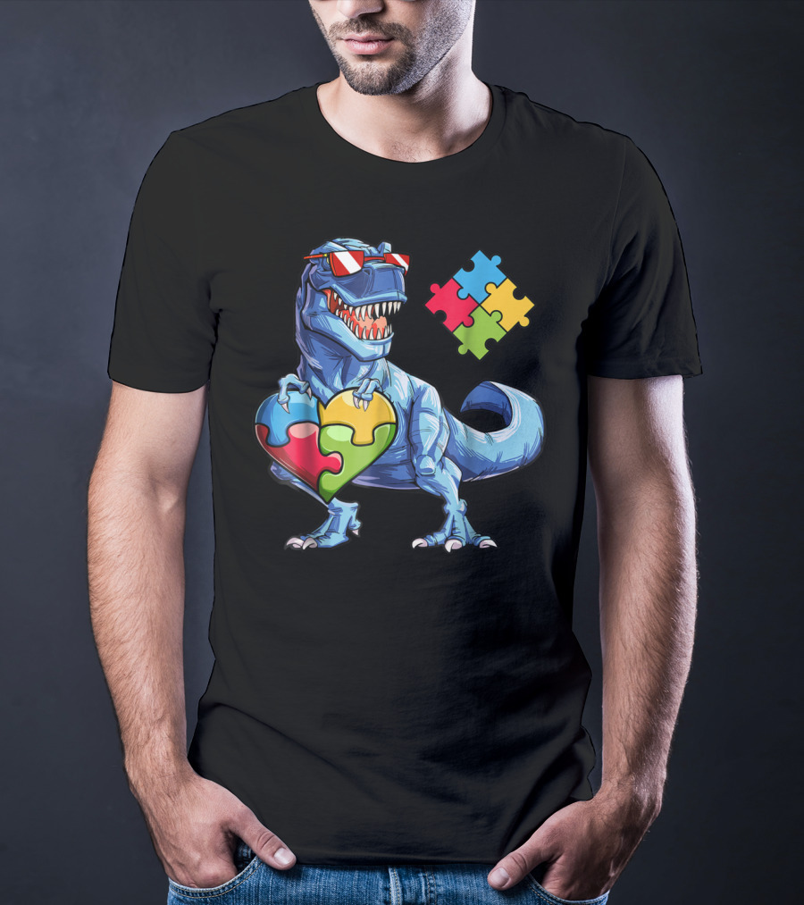 Dinosaur With Puzzle Pieces Heart Autism Awareness T-Shirt