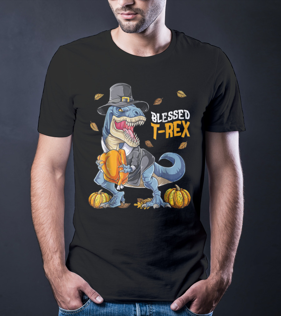 Blessed T-Rex Thanksgiving Pilgrim Dinosaur With Pumpkins T-Shirt