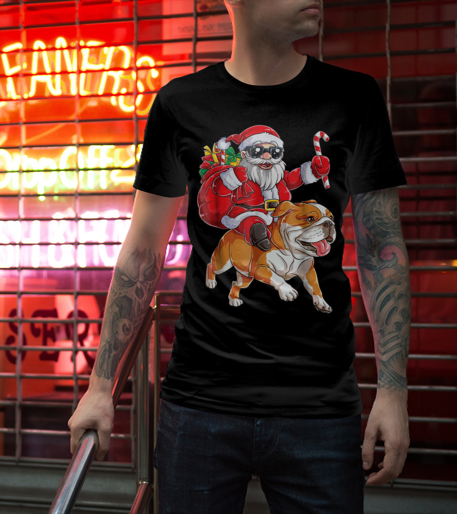 English Bulldog Santa Claus Riding With Candy Cane And Gifts Christmas Woofmas T-Shirt