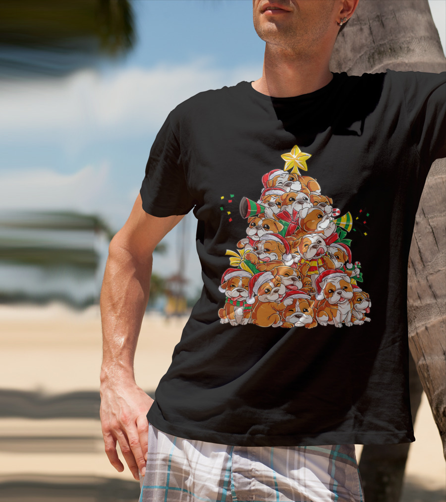 English Bulldog Xmas Tree Boys With Santa Hats And Christmas Cheer T-Shirt