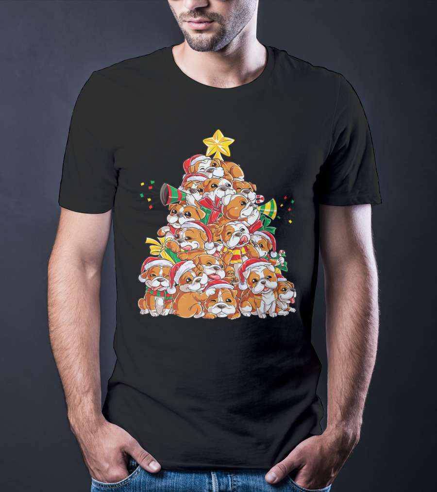 English Bulldog Xmas Tree Boys With Santa Hats And Christmas Cheer T-Shirt