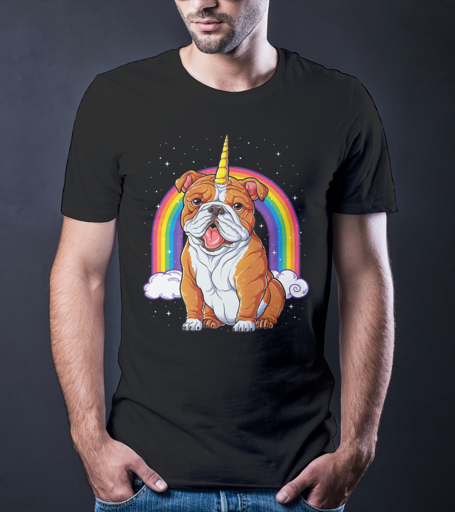 English Bulldog Unicorn Rainbow Space Galaxy T-Shirt