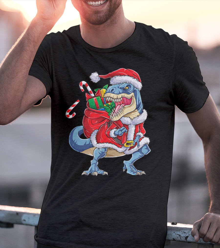 Dinosaur Christmas Boys Santa Rex With Candy Canes And Gifts T-Shirt