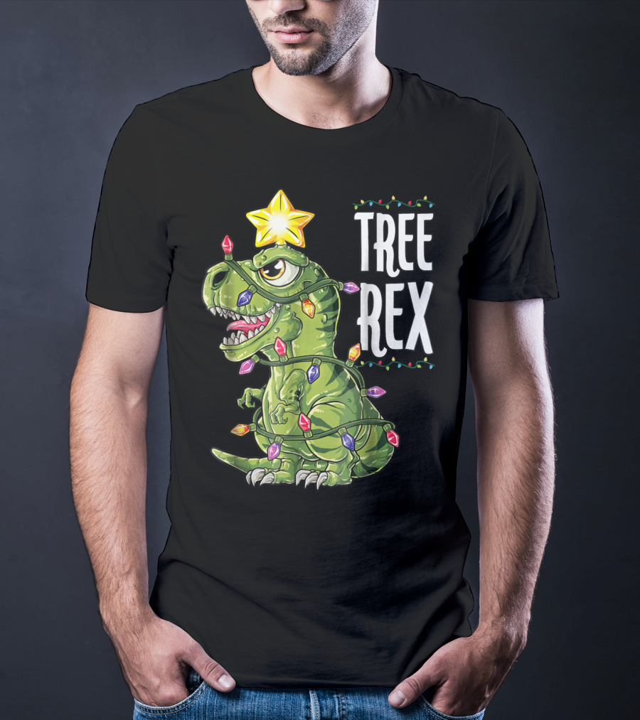 Tree Rex Dinosaur Wrapped In Christmas Lights With Star T-Shirt