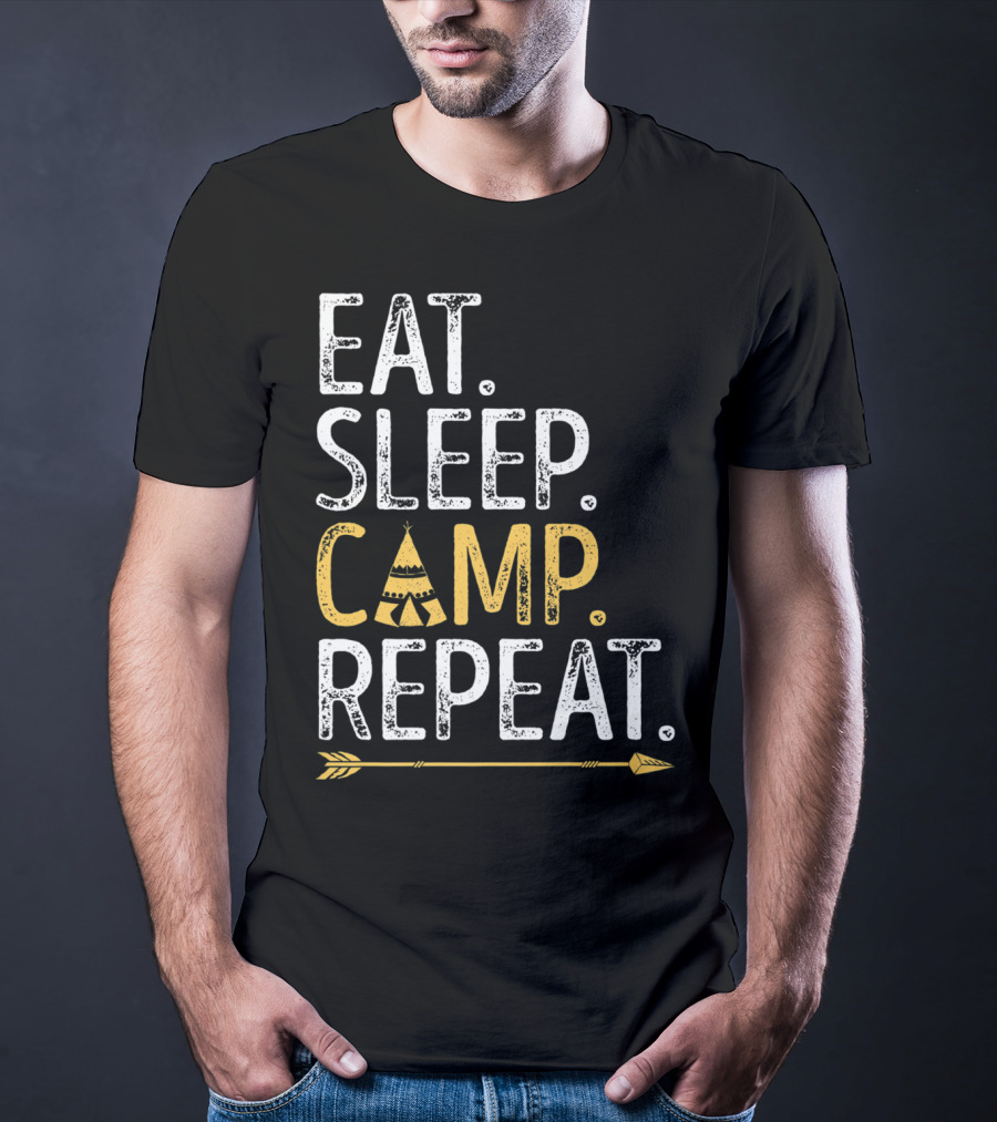 Eat Sleep Camp Repeat Camping Camper Tent Arrow T-Shirt
