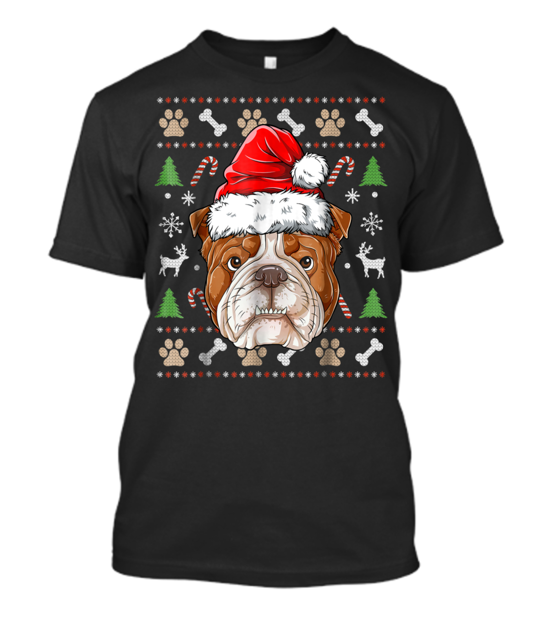 English Bulldog Santa Hat Ugly Christmas Sweater Paws Reindeer Bones Candy Canes T-Shirt