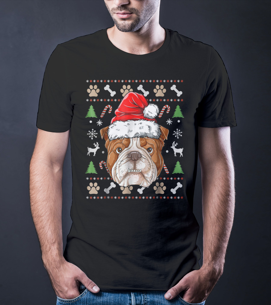 English Bulldog Santa Hat Ugly Christmas Sweater Paws Reindeer Bones Candy Canes T-Shirt