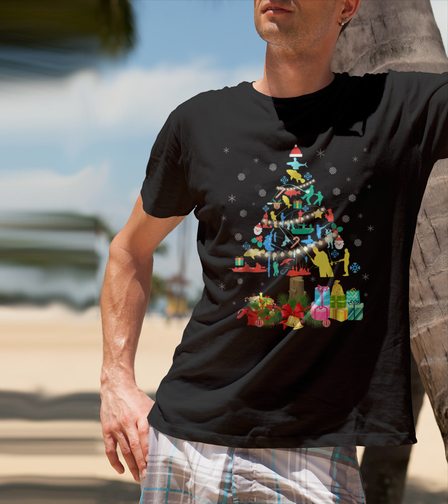 Fishing Christmas Pine Tree Santa Holiday Gift Presentation T-Shirt