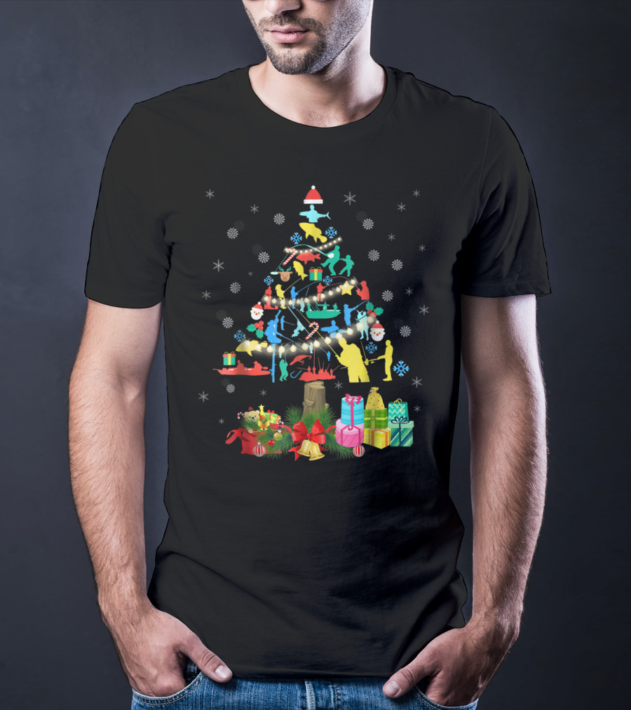 Fishing Christmas Pine Tree Santa Holiday Gift Presentation T-Shirt