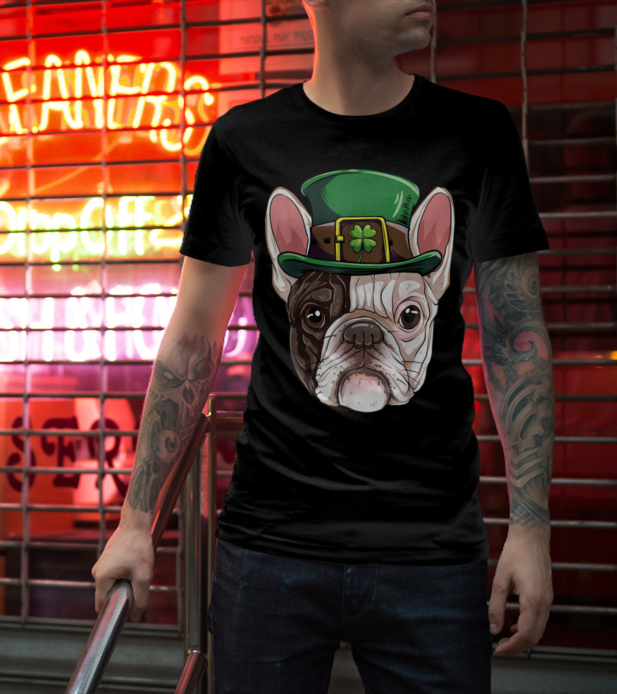 French Bulldog Leprechaun St Patricks Day Dog Wearing Green Hat With Shamrock T-Shirt