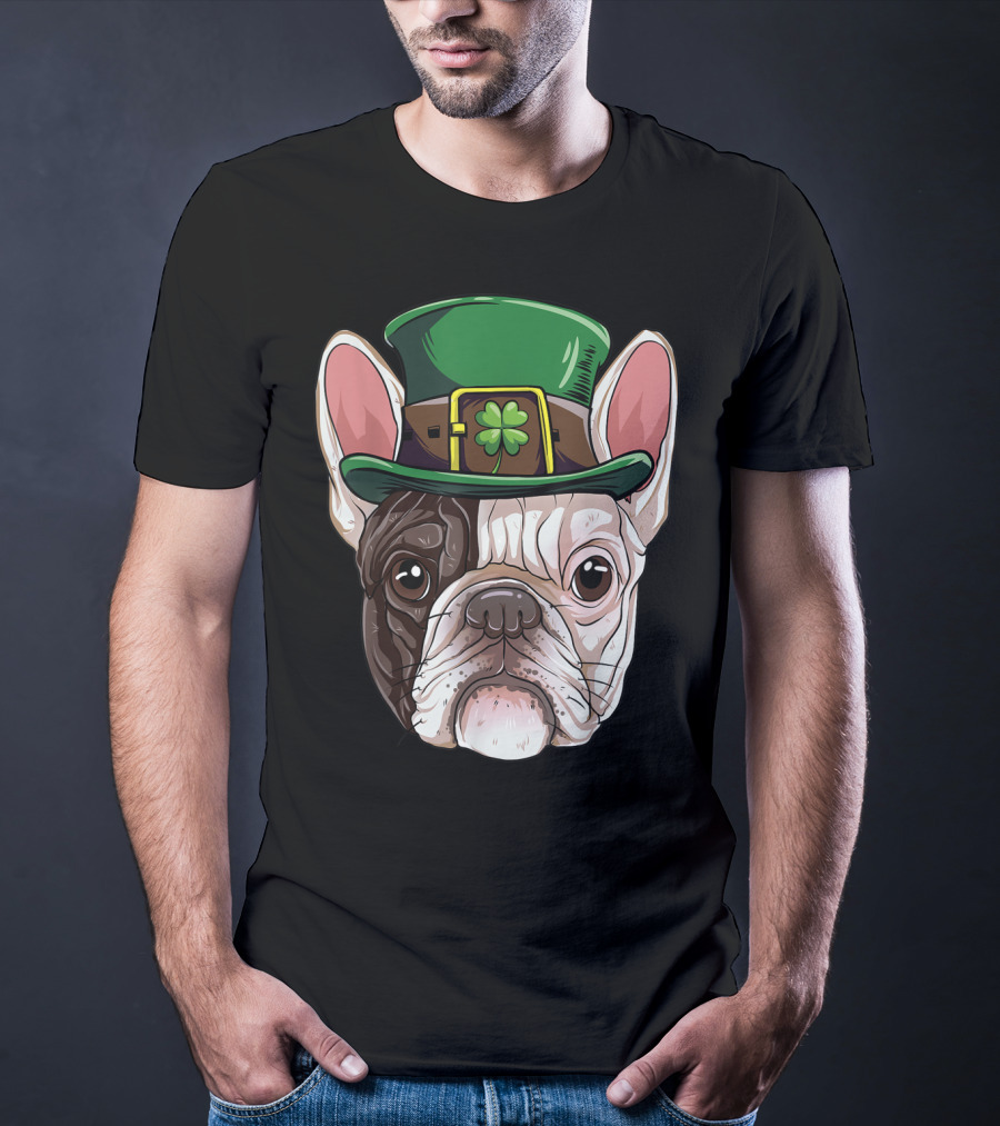 French Bulldog Leprechaun St Patricks Day Dog Wearing Green Hat With Shamrock T-Shirt