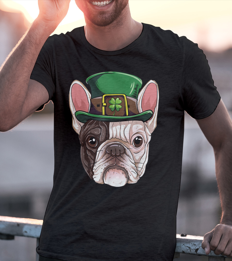 French Bulldog Leprechaun St Patricks Day Dog Wearing Green Hat With Shamrock T-Shirt