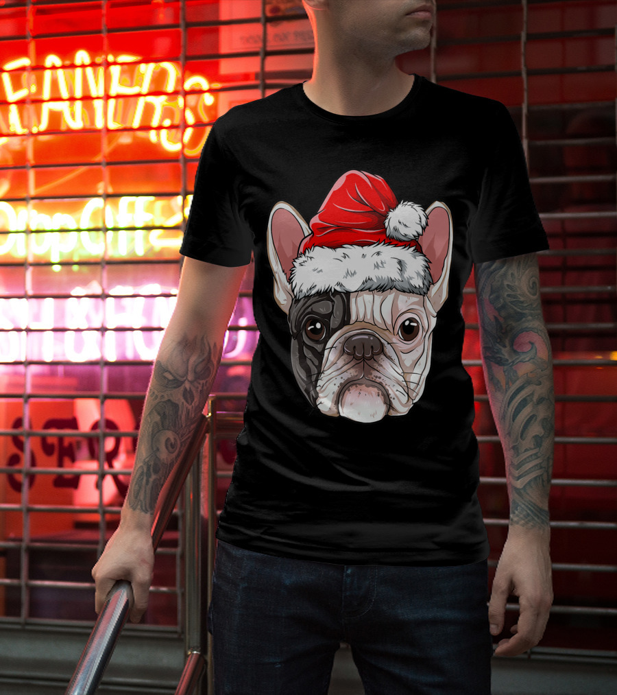French Bulldog In Santa Hat Christmas T-Shirt
