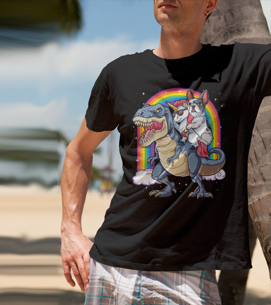 French Bulldog Unicorn Riding Dinosaur Rex With Rainbow Stars T-Shirt