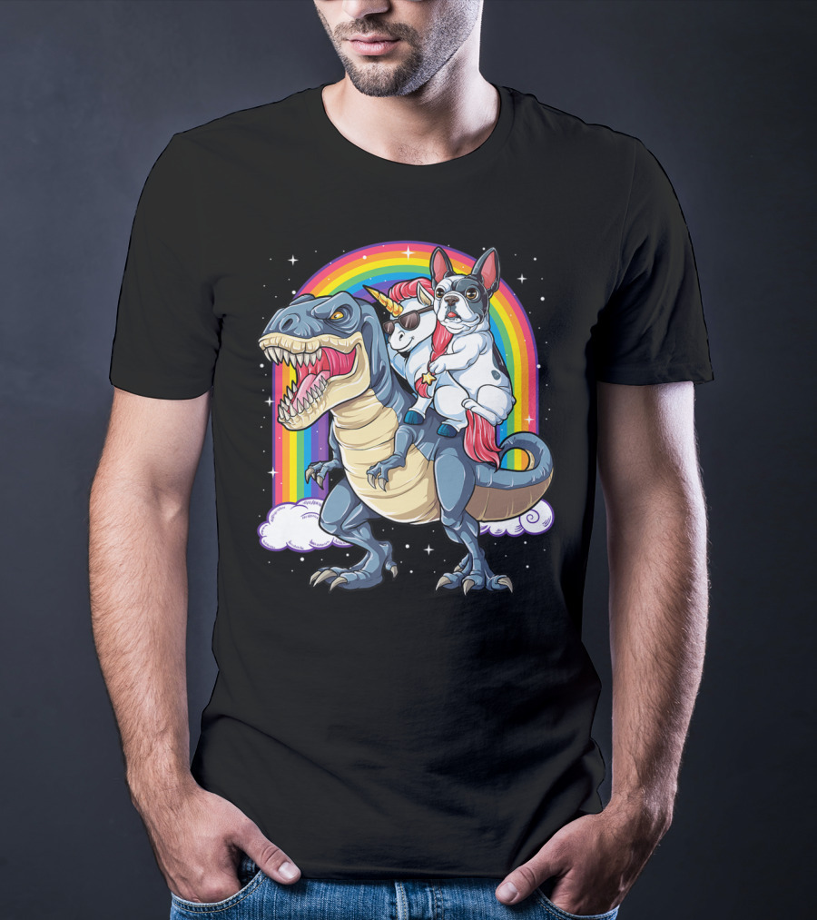 French Bulldog Unicorn Riding Dinosaur Rex With Rainbow Stars T-Shirt