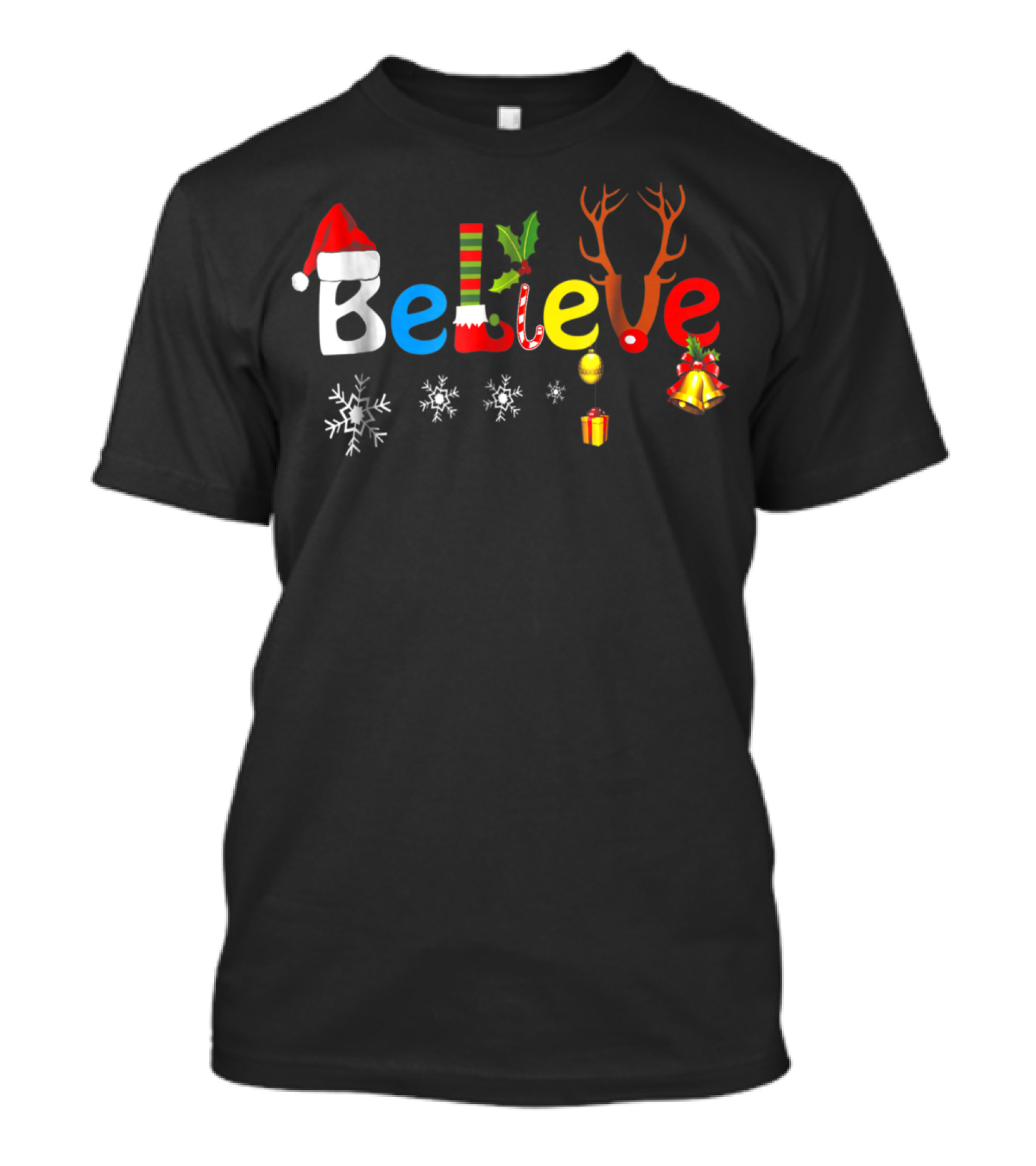 Believe In Santa Elf Reindeer Christmas Snowflakes And Bells T-Shirt