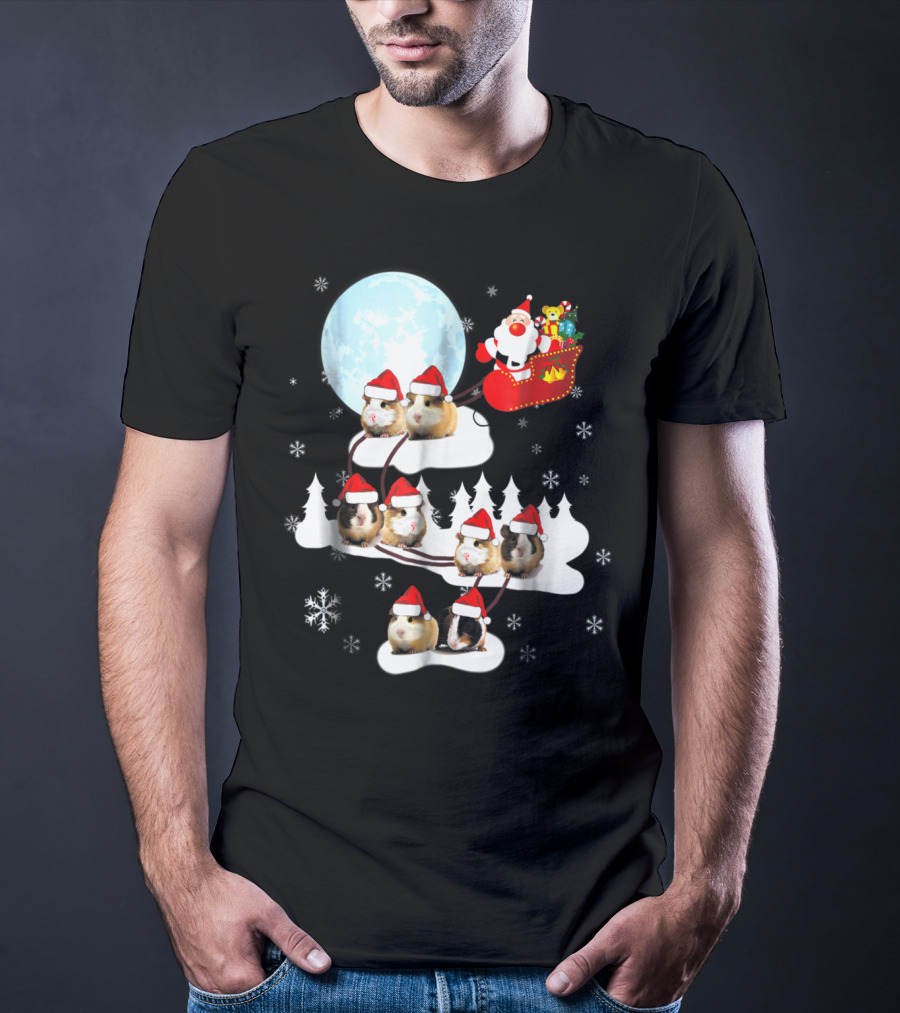Santa Sleigh With Christmas Guinea Pigs And Snowflakes T-Shirt
