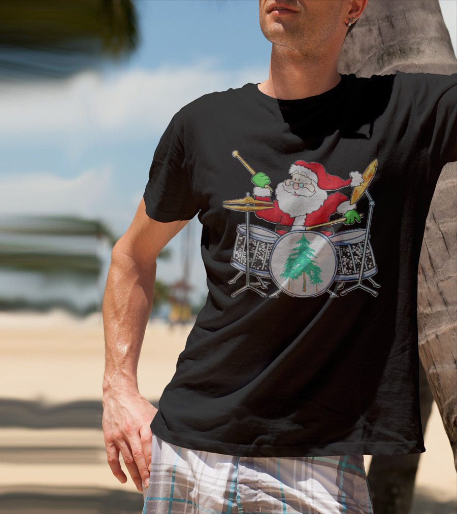 Funny Santa Playing Christmas Drum Kit T-Shirt