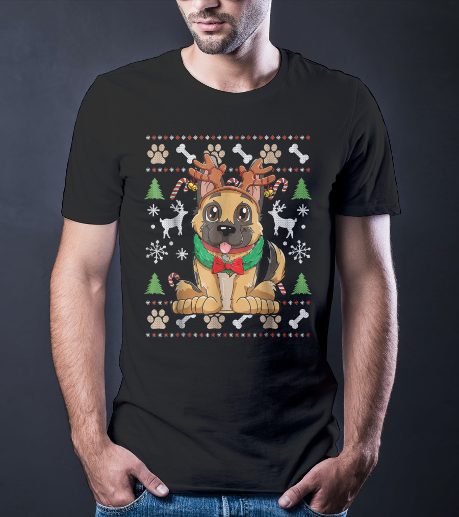 German Shepherd Dog With Reindeer Antlers Christmas Holiday T-Shirt