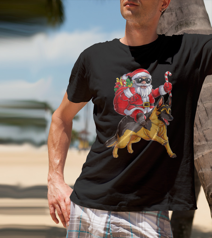 German Shepherd Christmas Santa Claus Riding With Candy Cane Woofmas T8 T-Shirt