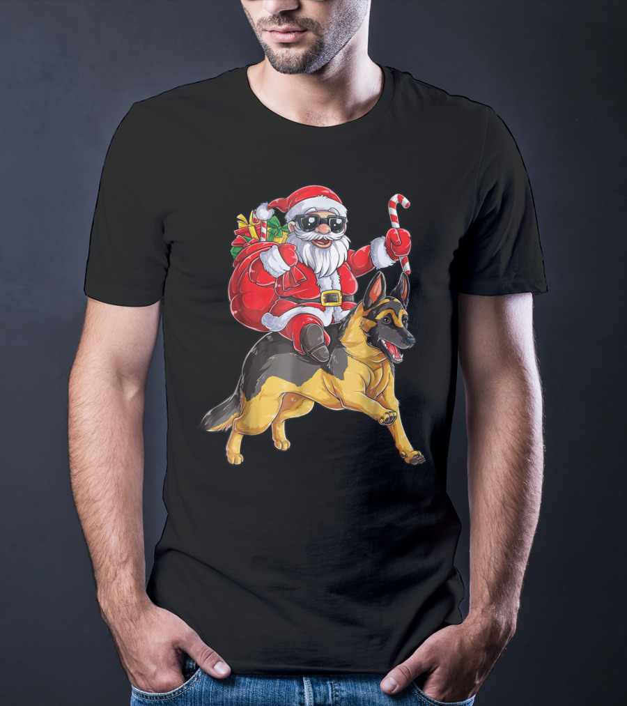 German Shepherd Christmas Santa Claus Riding With Candy Cane Woofmas T8 T-Shirt