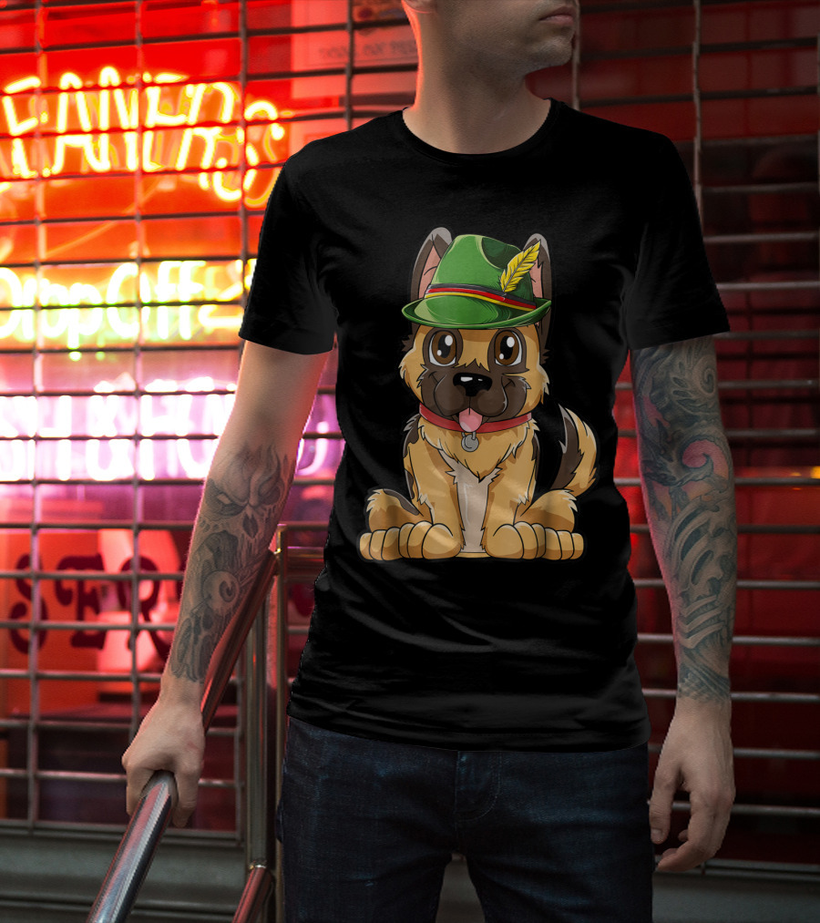 Cute German Shepherd Dog With Oktoberfest Hat Boys Lederhosen T-Shirt