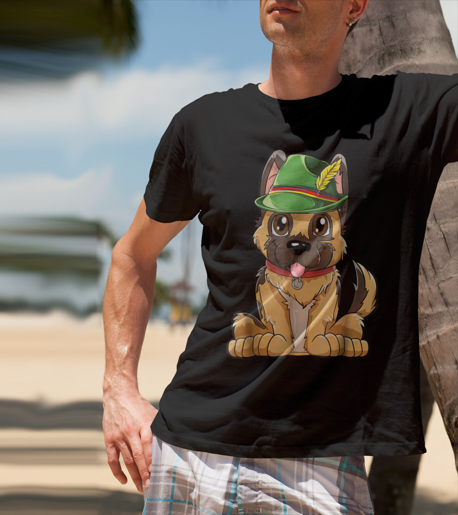Cute German Shepherd Dog With Oktoberfest Hat Boys Lederhosen T-Shirt