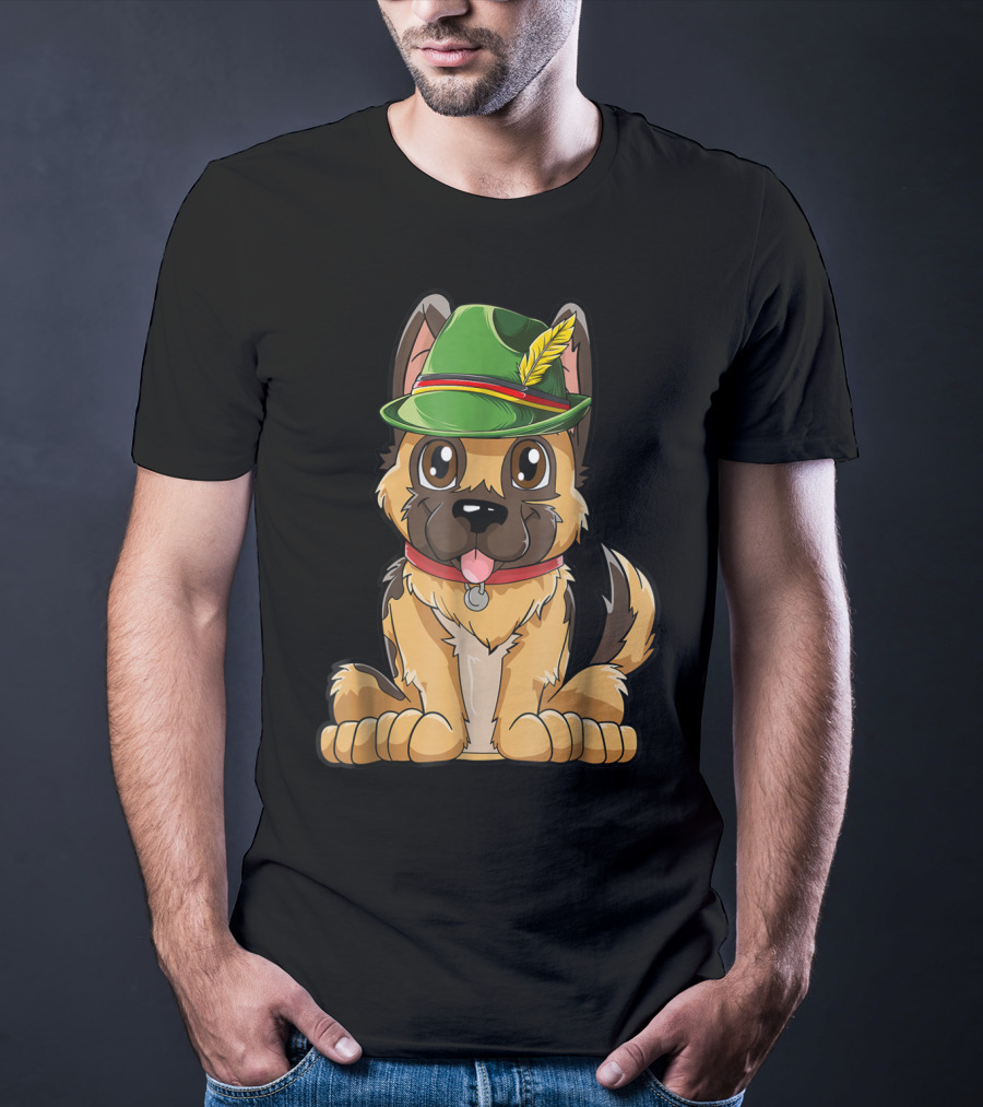 Cute German Shepherd Dog With Oktoberfest Hat Boys Lederhosen T-Shirt
