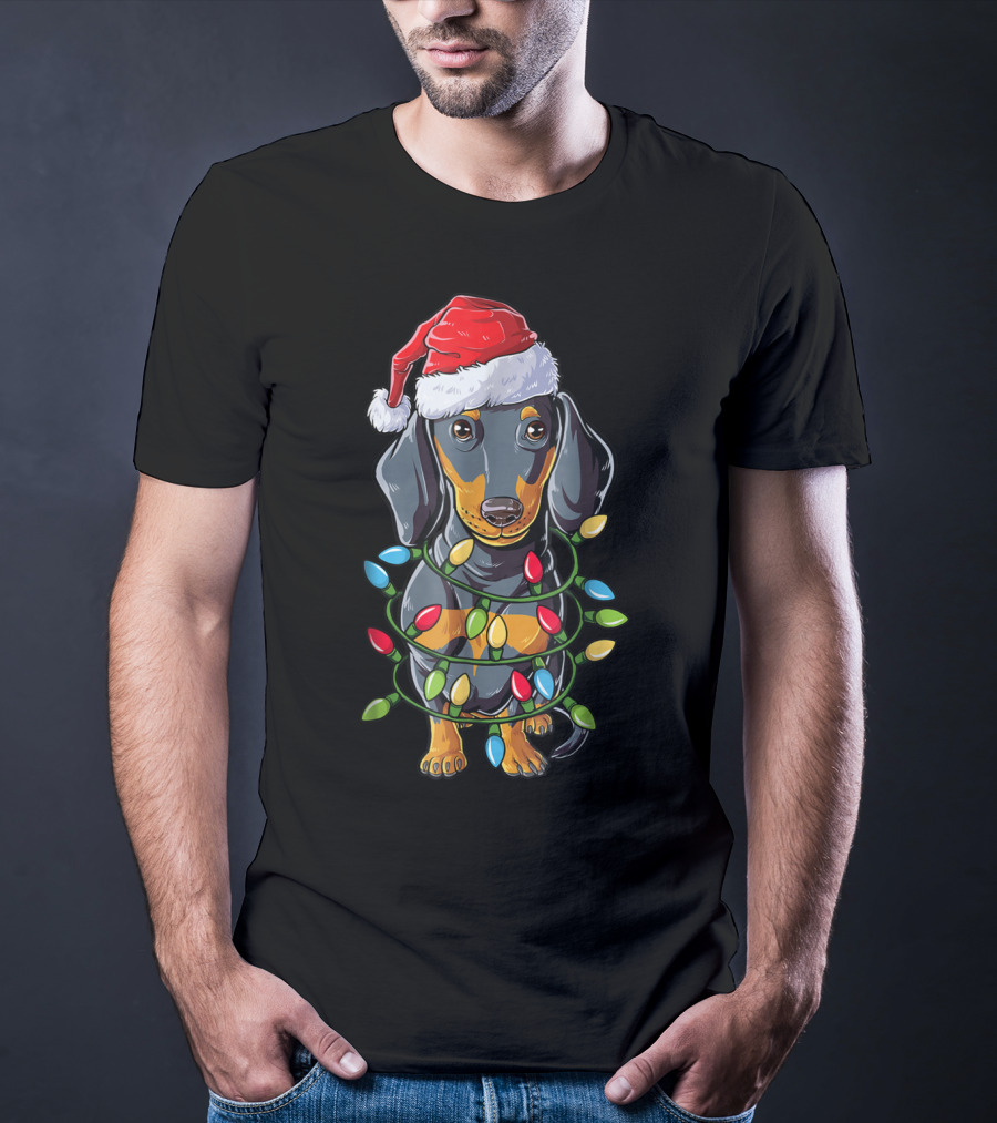 Dachshund Santa Hat Christmas Tree Lights Pup T-Shirt