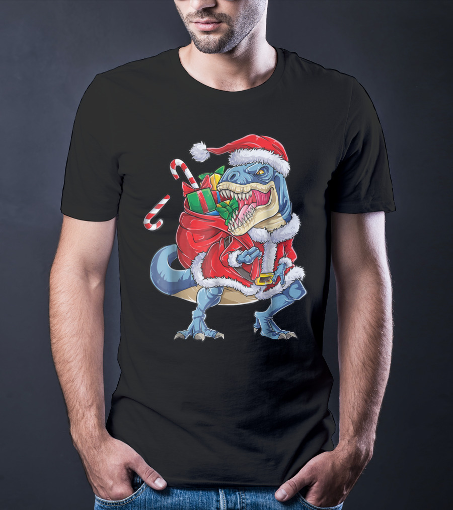Santa Rex Dinosaur Christmas Boys Kids Xmas T-Shirt