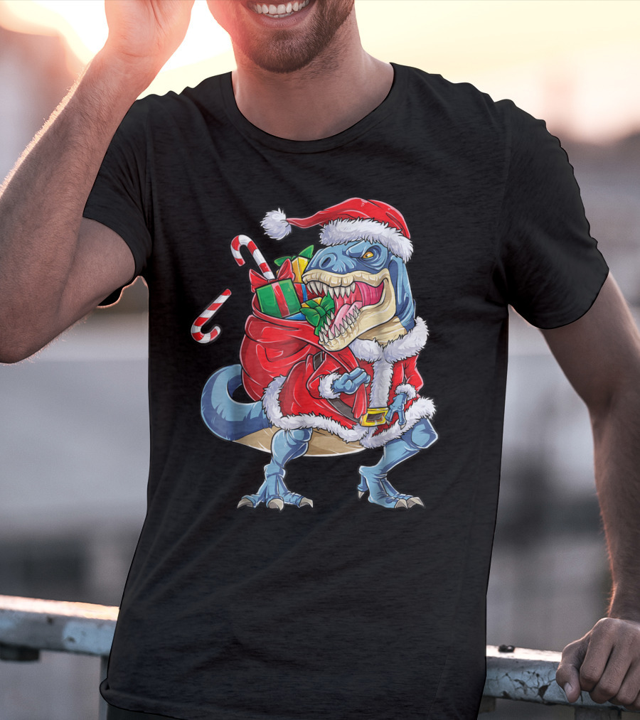 Santa Rex Dinosaur Christmas Boys Kids Xmas T-Shirt