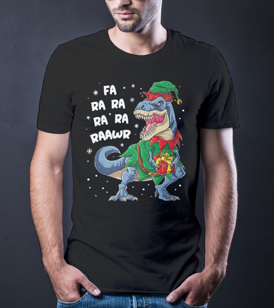 Fa Ra Ra Ra Rawr Dinosaur Christmas Rex Elf Holding Present T-Shirt
