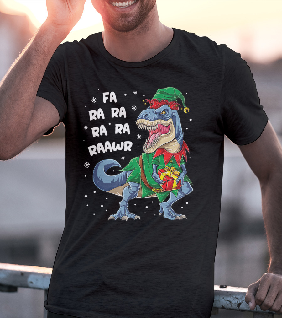 Fa Ra Ra Ra Rawr Dinosaur Christmas Rex Elf Holding Present T-Shirt