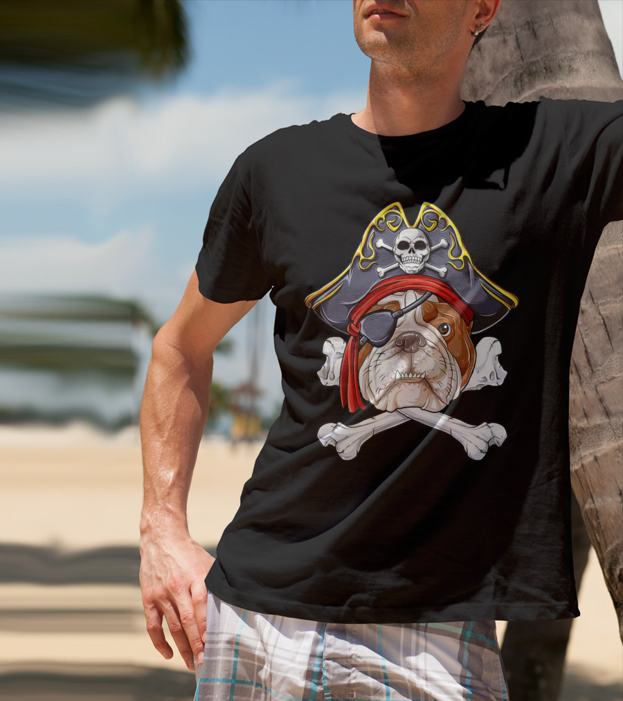 English Bulldog Wearing Pirate Hat With Jolly Roger Crossbones And Eyepatch T-Shirt