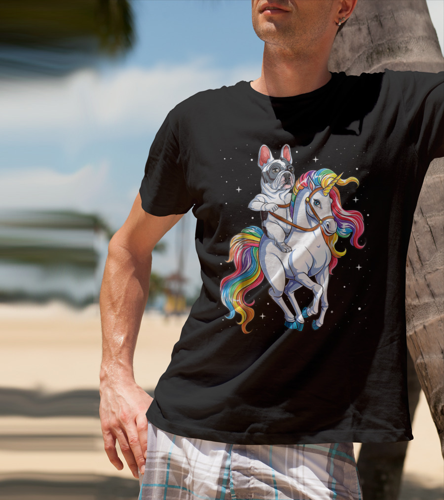 French Bulldog Riding Unicorn In Space Galaxy T-Shirt