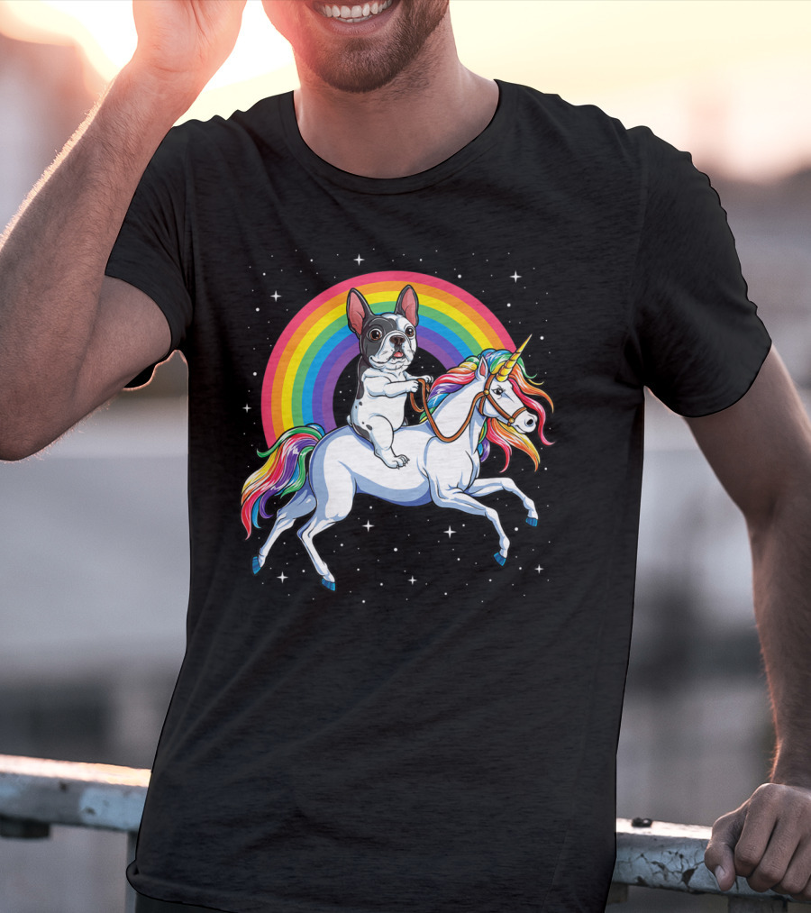 French Bulldog Riding Unicorn Rainbow Space Galaxy T-Shirt