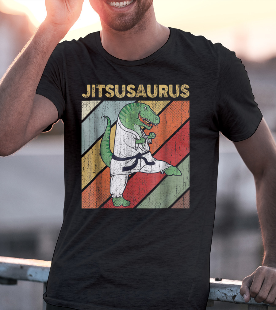 Jitsusaurus Dinosaur In Martial Arts Gi With Vintage Stripes T-Shirt