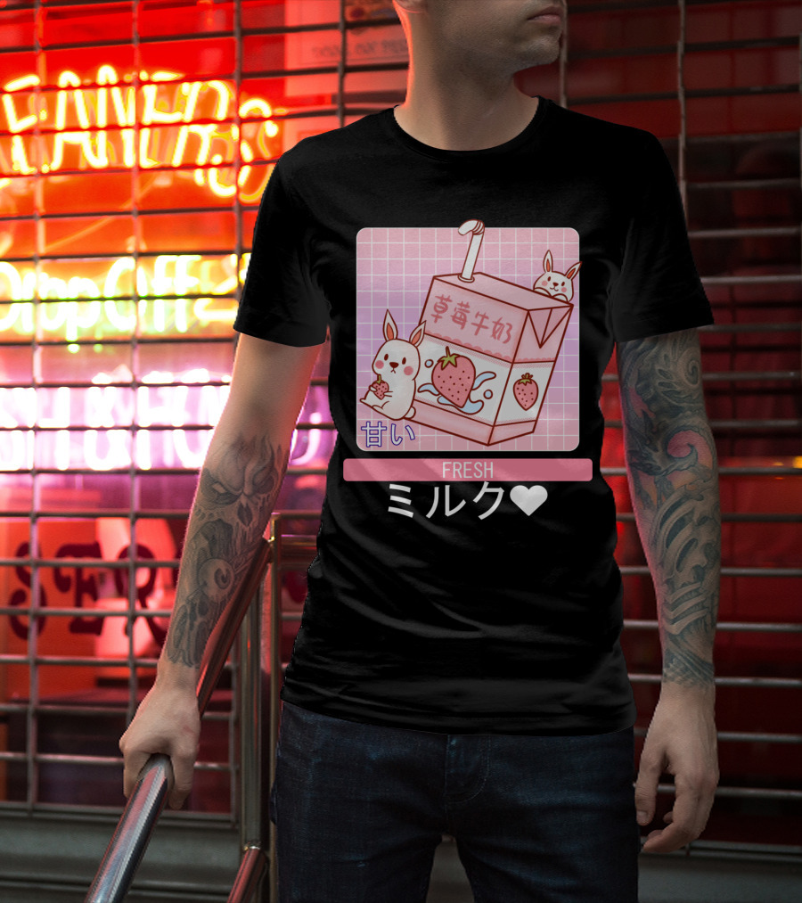 Fresh  Strawberry Milk Carton With Cute Bunny Aesthetic T-Shirt