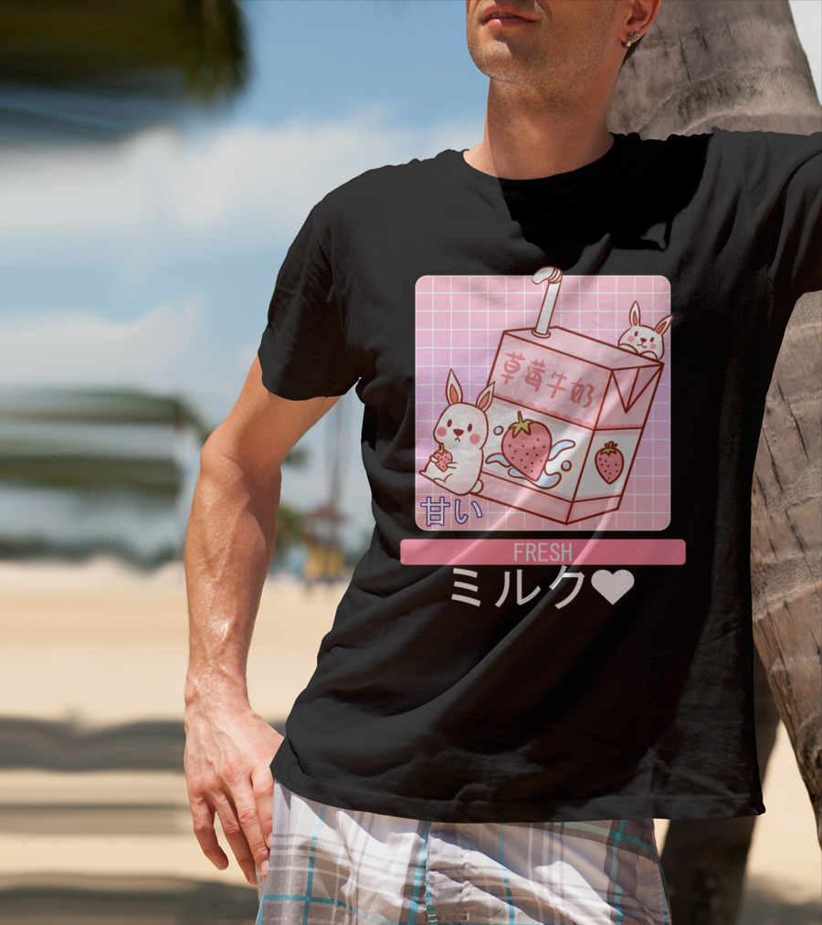 Fresh  Strawberry Milk Carton With Cute Bunny Aesthetic T-Shirt