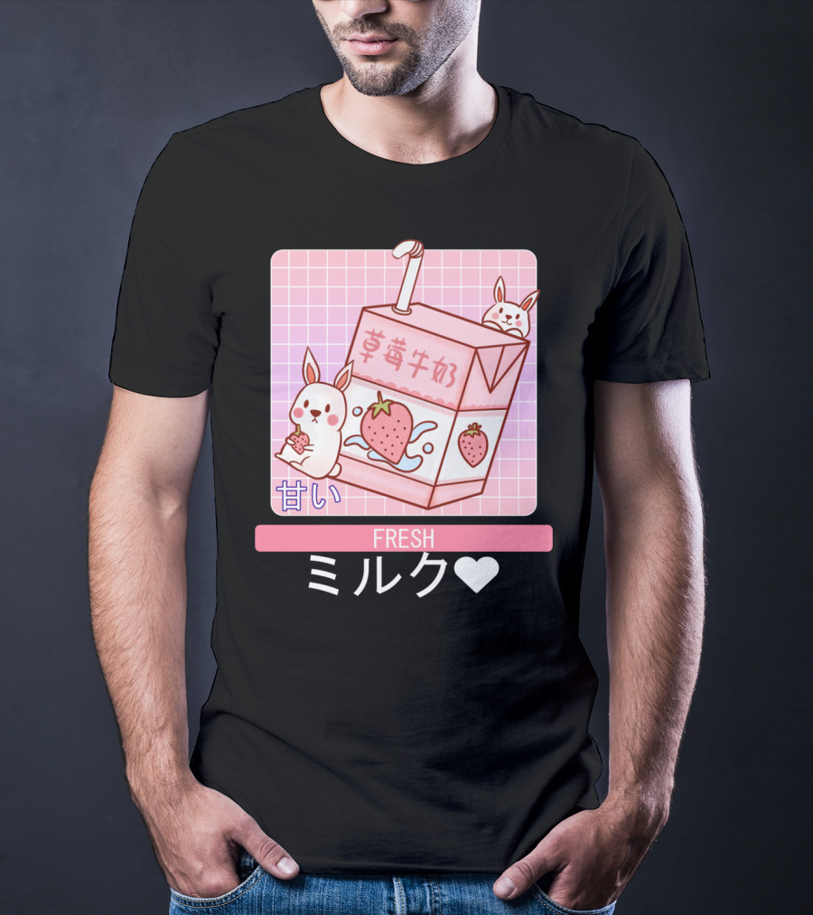Fresh  Strawberry Milk Carton With Cute Bunny Aesthetic T-Shirt