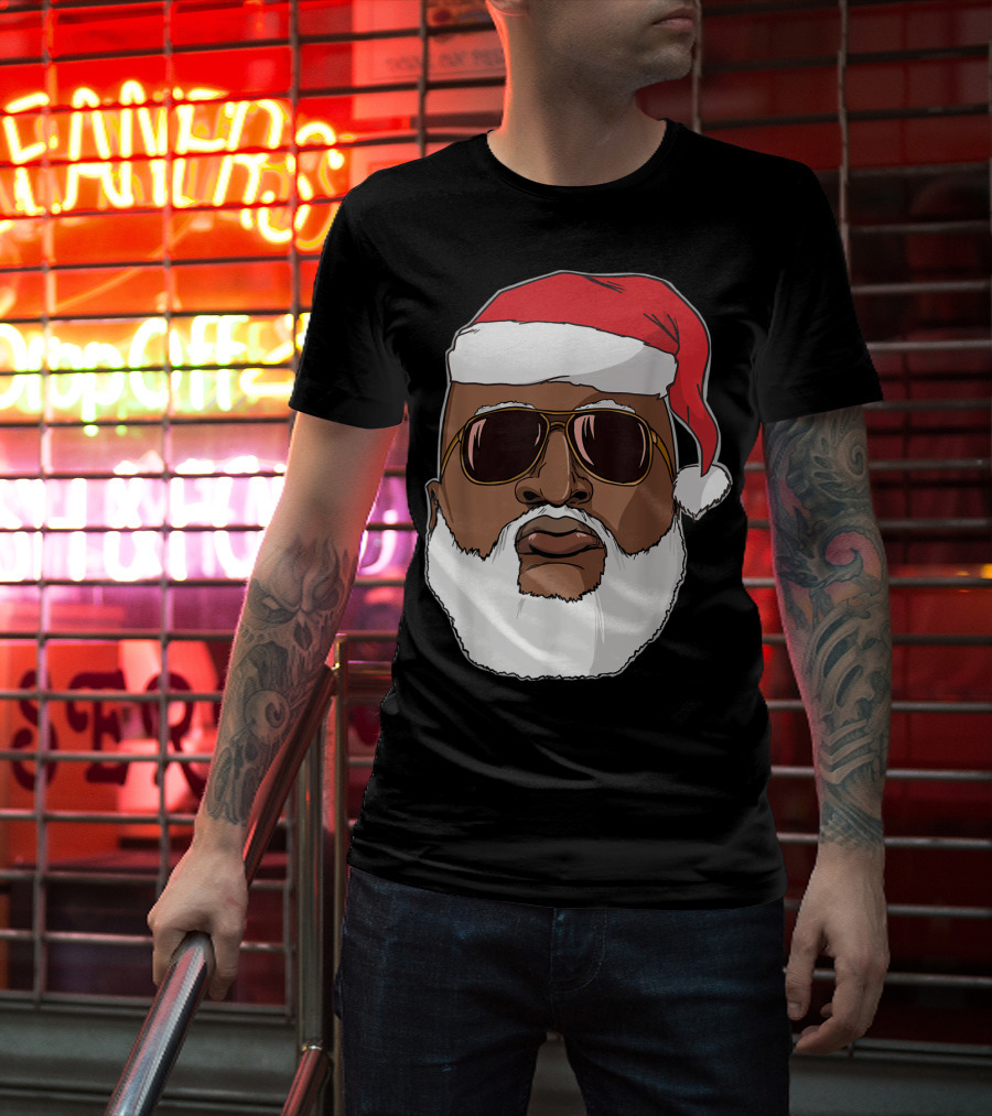 African American Santa With Sunglasses And Santa Hat T-Shirt