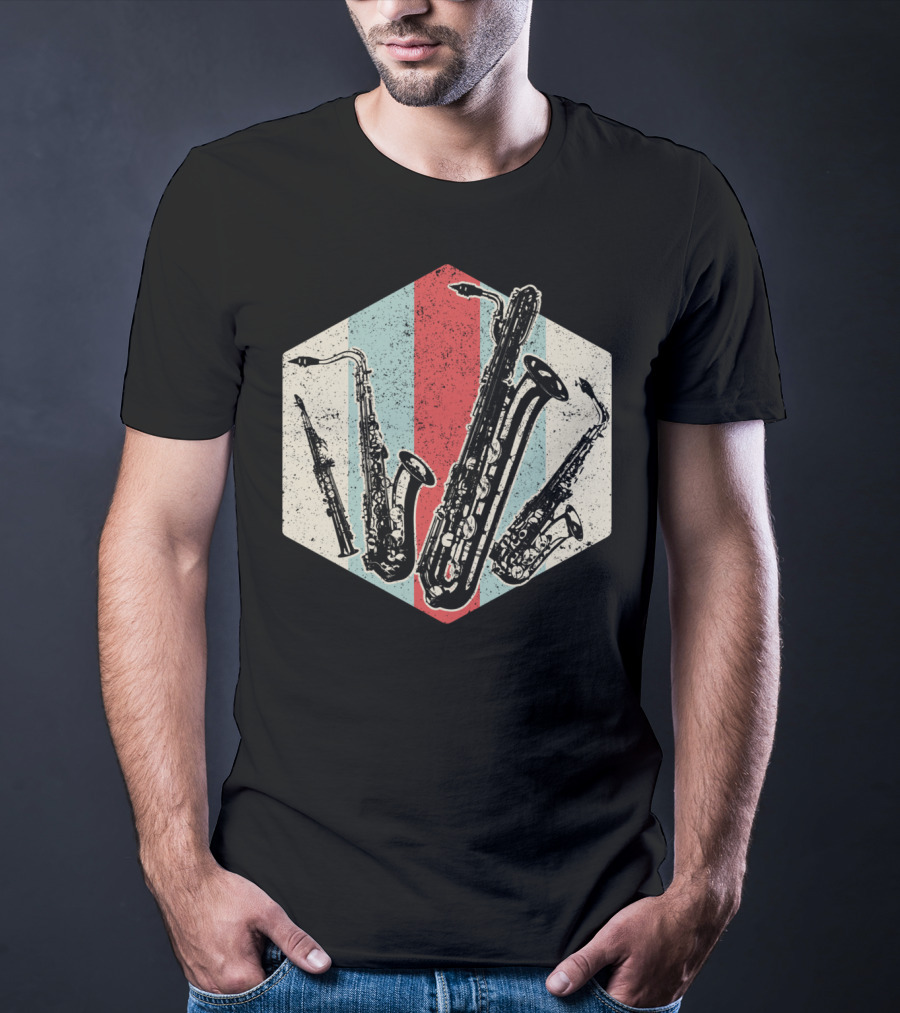 Alto Tenor Soprano Baritone Saxophone Sax Retro Hexagon T-Shirt