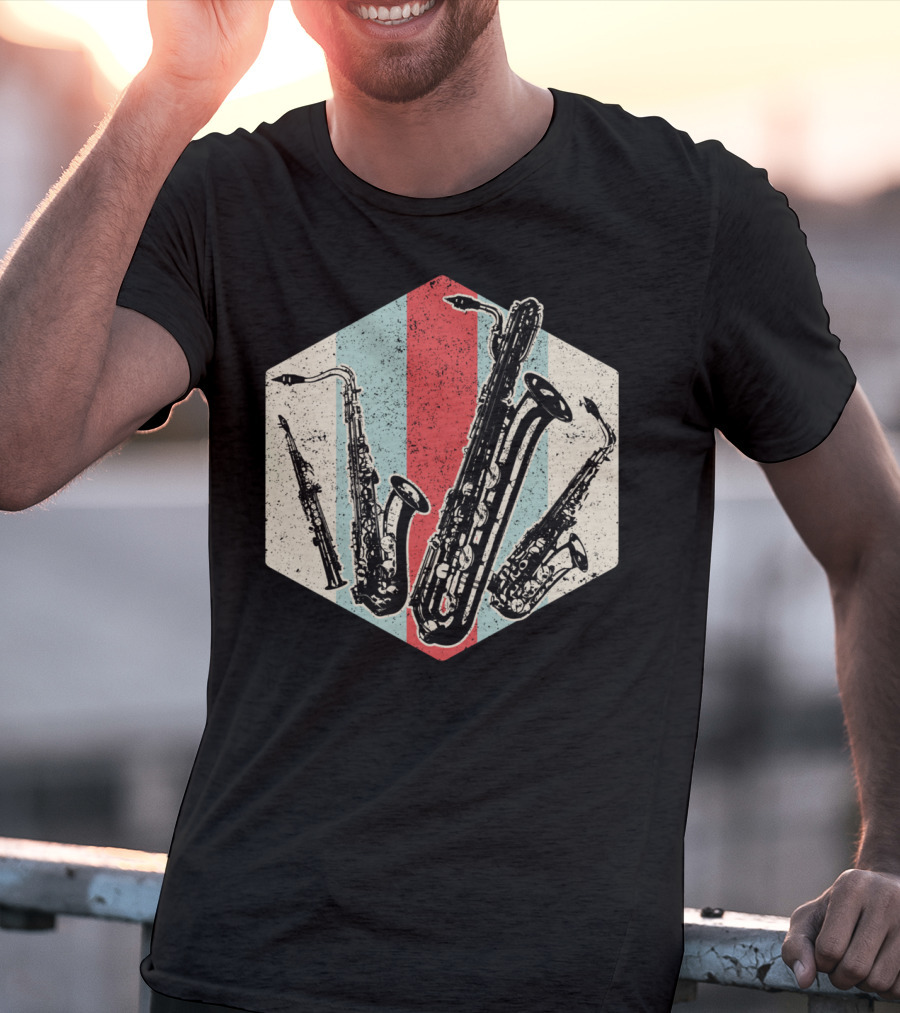 Alto Tenor Soprano Baritone Saxophone Sax Retro Hexagon T-Shirt
