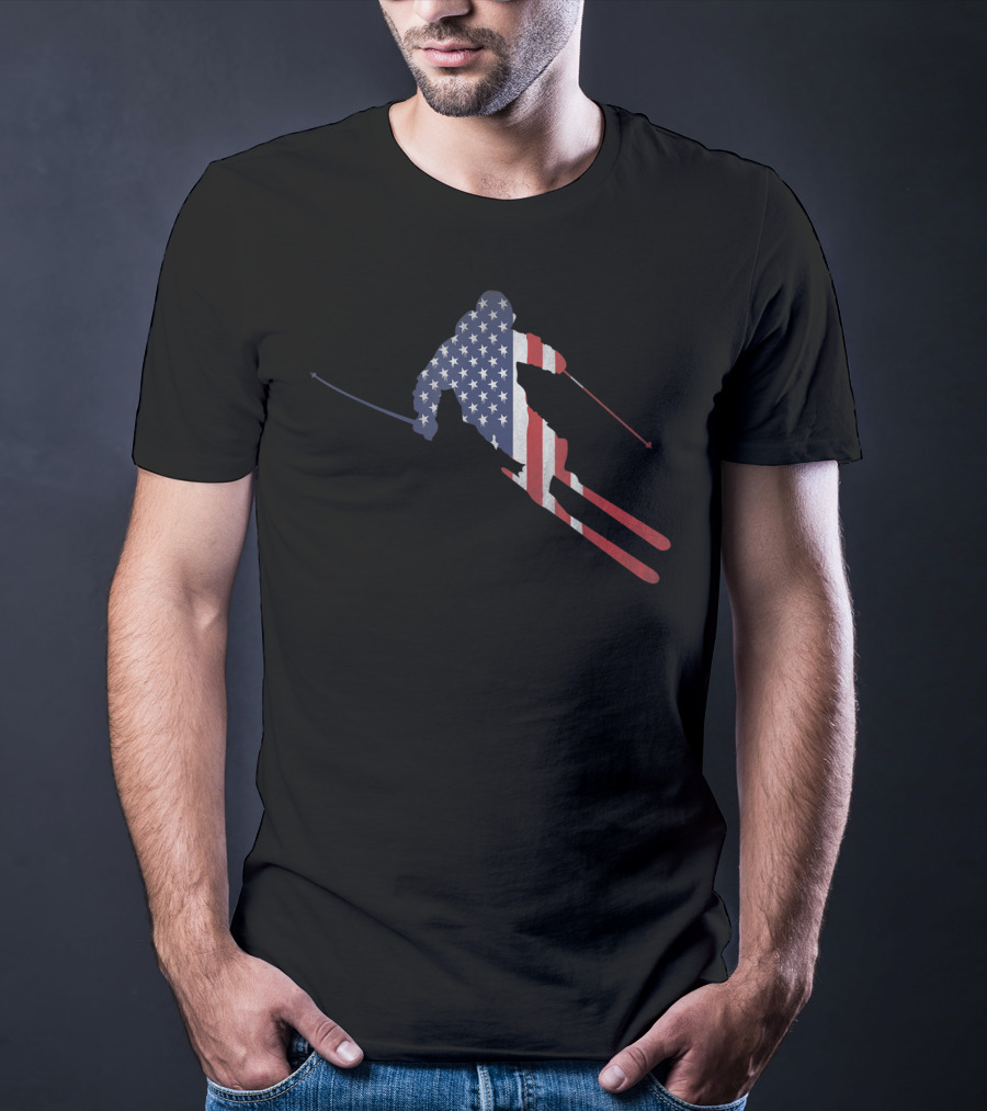 American Flag Skiing Silhouette For US Skiers T-Shirt